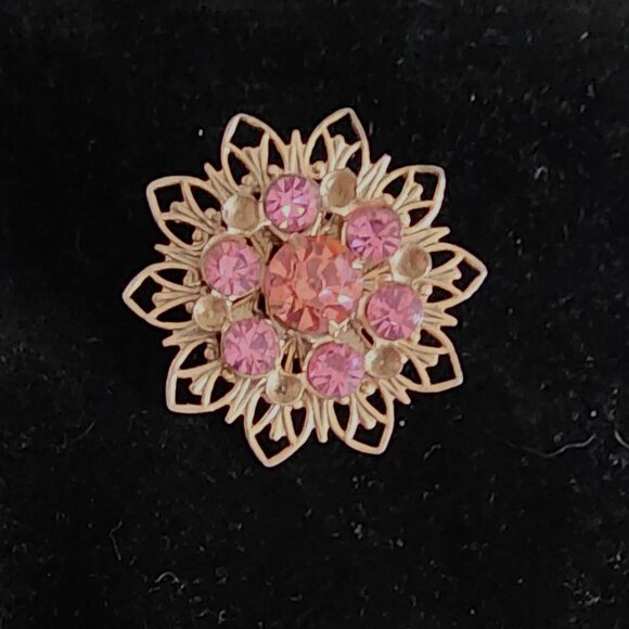 Vintage Pin Brooch w/ Pink Rhinestones-Gold-tone Flower with deep Pink Gemstones - Picture 7 of 11